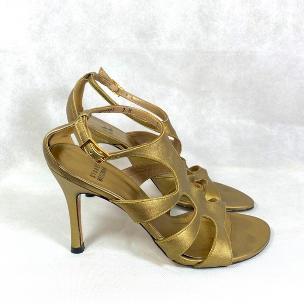 Stuart Weitzman Bronze Cage Ankle Strap Heels